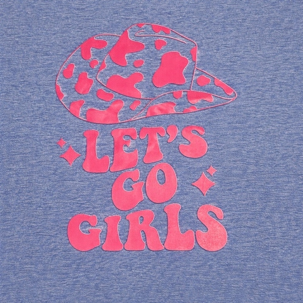 Womens Blue V Neck T Shirt Let's Go Girls Cow Print Hat Graphic Tee Size‎ S